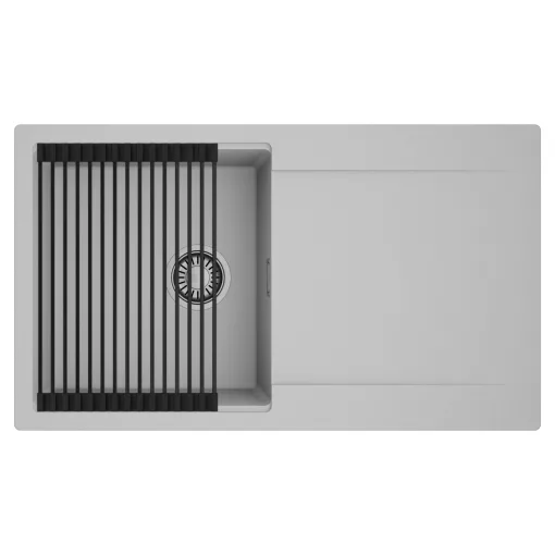HD Onyx Grey 86 egymedencés mosogatótálca szett, matt fekete csepegtetőráccsal, csepegtetőtálcával, alpesi szürke színben, szálcsiszolt króm leeresztő szifonnal