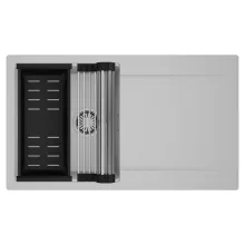 HD Onyx Grey 86 egymedencés mosogatótálca szett, acél csepegtetőráccsal és matt fekete kosárral, csepegtetőtálcával, alpesi szürke színben, szálcsiszolt króm leeresztő szifonnal