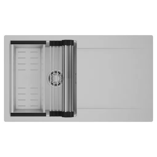 HD Onyx Grey 86 egymedencés mosogatótálca szett, acél csepegtetőráccsal és kosárral, csepegtetőtálcával, alpesi szürke színben, szálcsiszolt króm leeresztő szifonnal