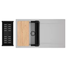 HD Onyx Grey 86 egymedencés gránit mosogatótálca szett, csepegtetőtálcával, vágódeszkával, matt fekete csepegtetőráccsal és kosárral, alpesi szürke színben, szálcsiszolt króm leeresztő szifonnal