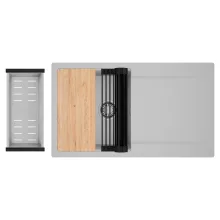 HD Onyx Grey 86 egymedencés gránit mosogatótálca szett, csepegtetőtálcával, vágódeszkával, matt fekete csepegtetőráccsal és krómozott kosárral, alpesi szürke színben, szálcsiszolt króm leeresztő szifonnal