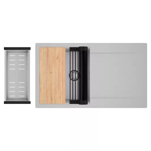 HD Onyx Grey 86 egymedencés gránit mosogatótálca szett, csepegtetőtálcával, vágódeszkával, matt fekete csepegtetőráccsal és krómozott kosárral, alpesi szürke színben, szálcsiszolt króm leeresztő szifonnal