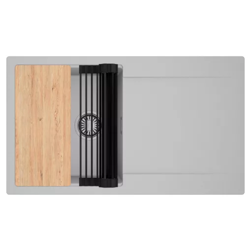 HD Onyx Grey 86 egymedencés gránit mosogatótálca szett, csepegtetőtálcával, vágódeszkával, matt fekete csepegtetőráccsal, alpesi szürke színben, szálcsiszolt króm leeresztő szifonnal