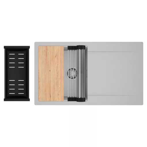 HD Onyx Grey 86 egymedencés gránit mosogatótálca szett, csepegtetőtálcával, vágódeszkával, acél csepegtetőráccsal és matt fekete kosárral, alpesi szürke színben, szálcsiszolt króm leeresztő szifonnal