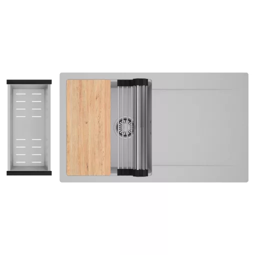 HD Onyx Grey 86 egymedencés gránit mosogatótálca szett, csepegtetőtálcával, vágódeszkával, acél csepegtetőráccsal és kosárral, alpesi szürke színben, szálcsiszolt króm leeresztő szifonnal