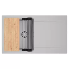 HD Onyx Grey 86 egymedencés gránit mosogatótálca szett, csepegtetőtálcával, vágódeszkával, acél csepegtetőráccsal, alpesi szürke színben, szálcsiszolt króm leeresztő szifonnal