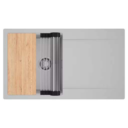 HD Onyx Grey 86 egymedencés gránit mosogatótálca szett, csepegtetőtálcával, vágódeszkával, acél csepegtetőráccsal, alpesi szürke színben, szálcsiszolt króm leeresztő szifonnal