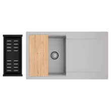 HD Onyx Grey 86 egymedencés gránit mosogatótálca szett, csepegtetőtálcával, vágódeszkával, matt fekete csepegtetőkosárral, alpesi szürke színben, szálcsiszolt króm leeresztő szifonnal