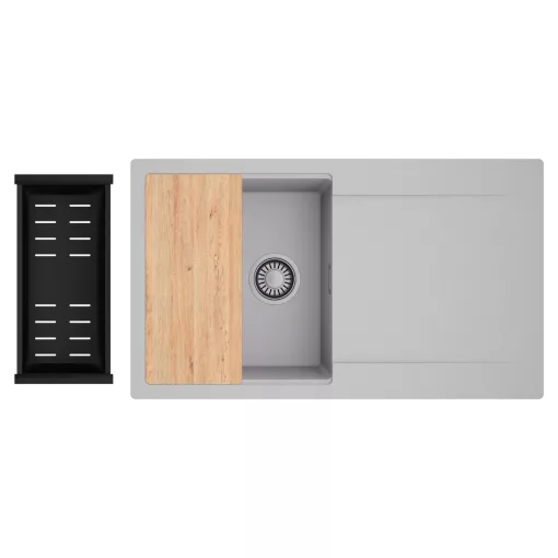 HD Onyx Grey 86 egymedencés gránit mosogatótálca szett, csepegtetőtálcával, vágódeszkával, matt fekete csepegtetőkosárral, alpesi szürke színben, szálcsiszolt króm leeresztő szifonnal