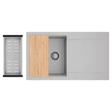 HD Onyx Grey 86 egymedencés gránit mosogatótálca szett, csepegtetőtálcával, vágódeszkával, acél csepegtetőkosárral, alpesi szürke színben, szálcsiszolt króm leeresztő szifonnal