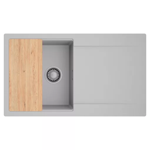 HD Onyx Grey 86 egymedencés gránit mosogatótálca, vágódeszkával, alpesi szürke színben, szálcsiszolt króm leeresztő szifonnal