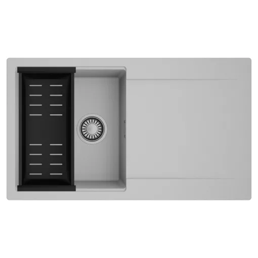 HD Onyx Grey 86 egymedencés mosogatótálca szett, matt fekete csepegtetőkosárral, csepegtetőtálcával, alpesi szürke színben, szálcsiszolt króm leeresztő szifonnal