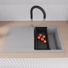 HD Onyx Grey 86 egymedencés mosogatótálca szett, matt fekete csepegtetőkosárral, csepegtetőtálcával, alpesi szürke színben, szálcsiszolt króm leeresztő szifonnal