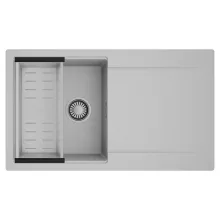 HD Onyx Grey 86 egymedencés mosogatótálca szett, acél csepegtetőkosárral, csepegtetőtálcával, alpesi szürke színben, szálcsiszolt króm leeresztő szifonnal