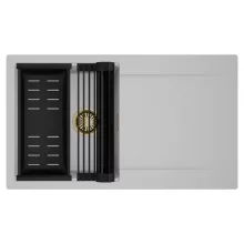 HD Onyx Grey 86 egymedencés mosogatótálca szett, matt fekete csepegtetőráccsal és kosárral, csepegtetőtálcával, alpesi szürke színben, szálcsiszolt arany leeresztő szifonnal