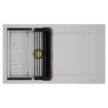 HD Onyx Grey 86 egymedencés mosogatótálca szett, matt fekete csepegtetőráccsal és krómozott kosárral, csepegtetőtálcával, alpesi szürke színben, szálcsiszolt arany leeresztő szifonnal