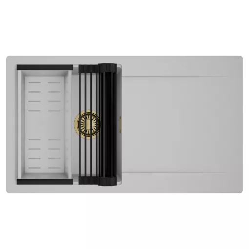 HD Onyx Grey 86 egymedencés mosogatótálca szett, matt fekete csepegtetőráccsal és krómozott kosárral, csepegtetőtálcával, alpesi szürke színben, szálcsiszolt arany leeresztő szifonnal