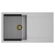 HD Onyx Grey 86 egymedencés mosogatótálca szett, matt fekete csepegtetőráccsal, csepegtetőtálcával, alpesi szürke színben, szálcsiszolt arany leeresztő szifonnal