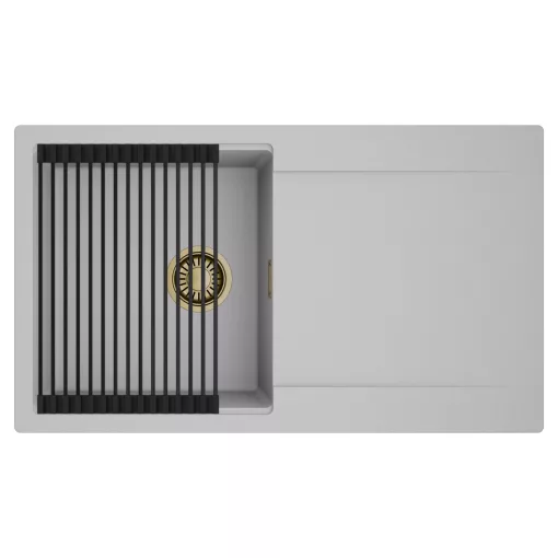 HD Onyx Grey 86 egymedencés mosogatótálca szett, matt fekete csepegtetőráccsal, csepegtetőtálcával, alpesi szürke színben, szálcsiszolt arany leeresztő szifonnal