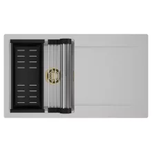 HD Onyx Grey 86 egymedencés mosogatótálca szett, acél csepegtetőráccsal és matt fekete kosárral, csepegtetőtálcával, alpesi szürke színben, szálcsiszolt arany leeresztő szifonnal