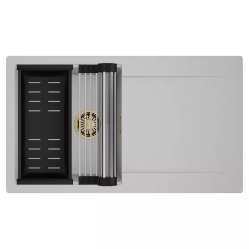 HD Onyx Grey 86 egymedencés mosogatótálca szett, acél csepegtetőráccsal és matt fekete kosárral, csepegtetőtálcával, alpesi szürke színben, szálcsiszolt arany leeresztő szifonnal