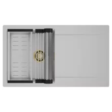 HD Onyx Grey 86 egymedencés mosogatótálca szett, acél csepegtetőráccsal és kosárral, csepegtetőtálcával, alpesi szürke színben, szálcsiszolt arany leeresztő szifonnal