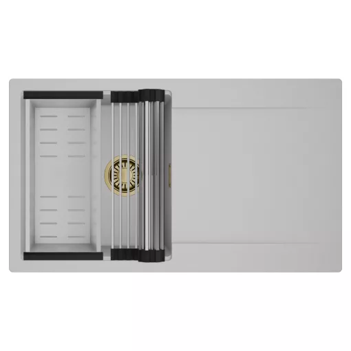 HD Onyx Grey 86 egymedencés mosogatótálca szett, acél csepegtetőráccsal és kosárral, csepegtetőtálcával, alpesi szürke színben, szálcsiszolt arany leeresztő szifonnal