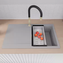 HD Onyx Grey 86 egymedencés mosogatótálca szett, acél csepegtetőráccsal és kosárral, csepegtetőtálcával, alpesi szürke színben, szálcsiszolt arany leeresztő szifonnal