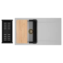 HD Onyx Grey 86 egymedencés gránit mosogatótálca szett, csepegtetőtálcával, vágódeszkával, matt fekete csepegtetőráccsal és kosárral, alpesi szürke színben, szálcsiszolt arany leeresztő szifonnal