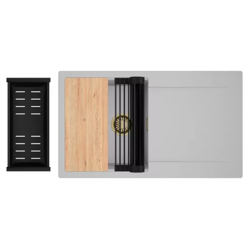 HD Onyx Grey 86 egymedencés gránit mosogatótálca szett, csepegtetőtálcával, vágódeszkával, matt fekete csepegtetőráccsal és kosárral, alpesi szürke színben, szálcsiszolt arany leeresztő szifonnal