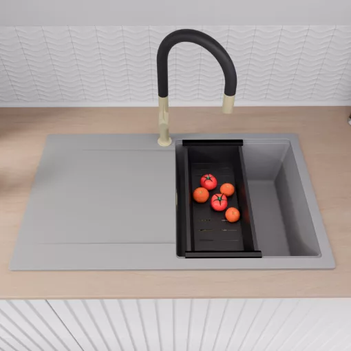 HD Onyx Grey 86 egymedencés gránit mosogatótálca szett, csepegtetőtálcával, vágódeszkával, matt fekete csepegtetőráccsal és kosárral, alpesi szürke színben, szálcsiszolt arany leeresztő szifonnal