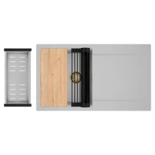 HD Onyx Grey 86 egymedencés gránit mosogatótálca szett, csepegtetőtálcával, vágódeszkával, matt fekete csepegtetőráccsal és krómozott kosárral, alpesi szürke színben, szálcsiszolt arany leeresztő szifonnal