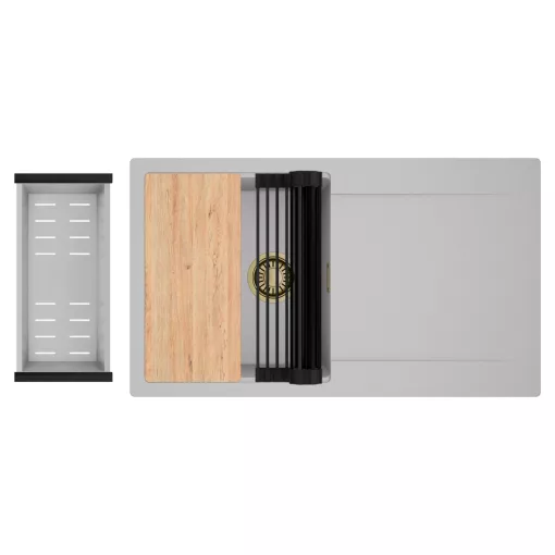 HD Onyx Grey 86 egymedencés gránit mosogatótálca szett, csepegtetőtálcával, vágódeszkával, matt fekete csepegtetőráccsal és krómozott kosárral, alpesi szürke színben, szálcsiszolt arany leeresztő szifonnal