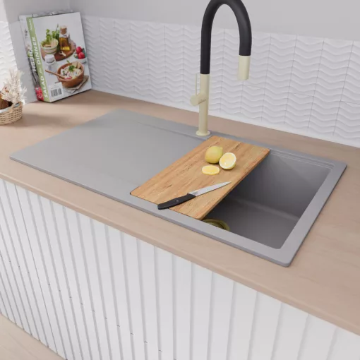 HD Onyx Grey 86 egymedencés gránit mosogatótálca szett, csepegtetőtálcával, vágódeszkával, matt fekete csepegtetőráccsal és krómozott kosárral, alpesi szürke színben, szálcsiszolt arany leeresztő szifonnal