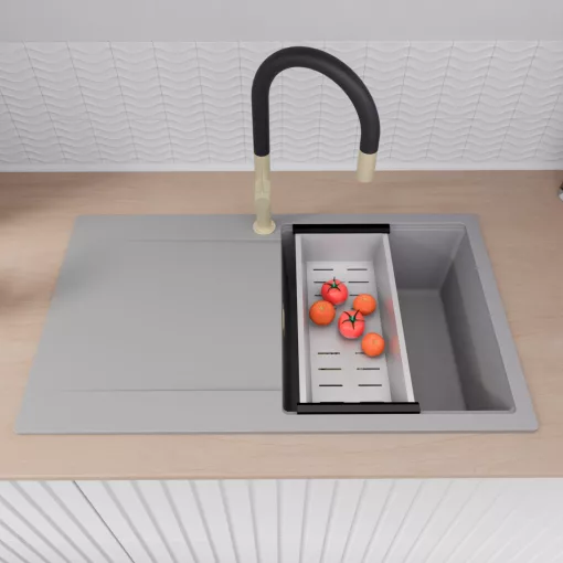 HD Onyx Grey 86 egymedencés gránit mosogatótálca szett, csepegtetőtálcával, vágódeszkával, matt fekete csepegtetőráccsal és krómozott kosárral, alpesi szürke színben, szálcsiszolt arany leeresztő szifonnal