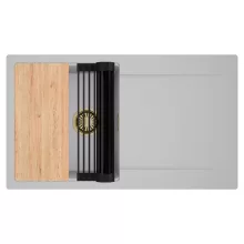 HD Onyx Grey 86 egymedencés gránit mosogatótálca szett, csepegtetőtálcával, vágódeszkával, matt fekete csepegtetőráccsal, alpesi szürke színben, szálcsiszolt arany leeresztő szifonnal