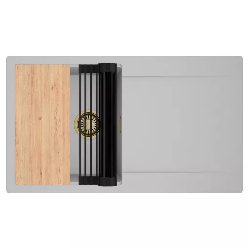 HD Onyx Grey 86 egymedencés gránit mosogatótálca szett, csepegtetőtálcával, vágódeszkával, matt fekete csepegtetőráccsal, alpesi szürke színben, szálcsiszolt arany leeresztő szifonnal