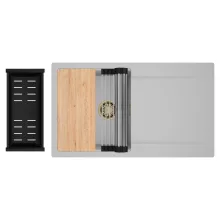 HD Onyx Grey 86 egymedencés gránit mosogatótálca szett, csepegtetőtálcával, vágódeszkával, acél csepegtetőráccsal és matt fekete kosárral, alpesi szürke színben, szálcsiszolt arany leeresztő szifonnal