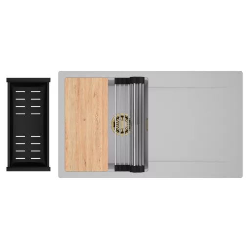 HD Onyx Grey 86 egymedencés gránit mosogatótálca szett, csepegtetőtálcával, vágódeszkával, acél csepegtetőráccsal és matt fekete kosárral, alpesi szürke színben, szálcsiszolt arany leeresztő szifonnal