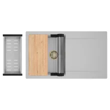 HD Onyx Grey 86 egymedencés gránit mosogatótálca szett, csepegtetőtálcával, vágódeszkával, acél csepegtetőráccsal és kosárral, alpesi szürke színben, szálcsiszolt arany leeresztő szifonnal