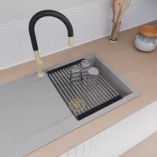 HD Onyx Grey 86 egymedencés gránit mosogatótálca szett, csepegtetőtálcával, vágódeszkával, acél csepegtetőráccsal és kosárral, alpesi szürke színben, szálcsiszolt arany leeresztő szifonnal