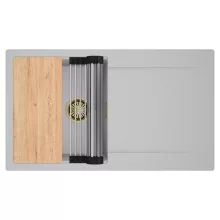 HD Onyx Grey 86 egymedencés gránit mosogatótálca szett, csepegtetőtálcával, vágódeszkával, acél csepegtetőráccsal, alpesi szürke színben, szálcsiszolt arany leeresztő szifonnal