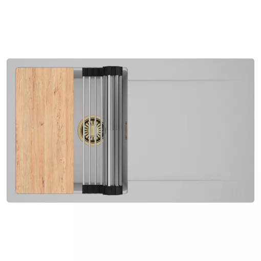 HD Onyx Grey 86 egymedencés gránit mosogatótálca szett, csepegtetőtálcával, vágódeszkával, acél csepegtetőráccsal, alpesi szürke színben, szálcsiszolt arany leeresztő szifonnal