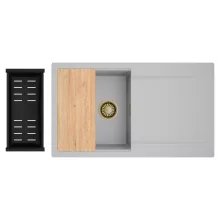 HD Onyx Grey 86 egymedencés gránit mosogatótálca szett, csepegtetőtálcával, vágódeszkával, matt fekete csepegtetőkosárral, alpesi szürke színben, szálcsiszolt arany leeresztő szifonnal