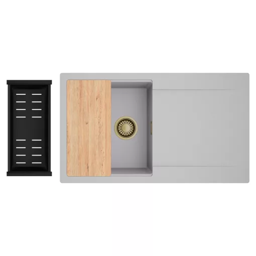 HD Onyx Grey 86 egymedencés gránit mosogatótálca szett, csepegtetőtálcával, vágódeszkával, matt fekete csepegtetőkosárral, alpesi szürke színben, szálcsiszolt arany leeresztő szifonnal