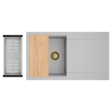 HD Onyx Grey 86 egymedencés gránit mosogatótálca szett, csepegtetőtálcával, vágódeszkával, acél csepegtetőkosárral, alpesi szürke színben, szálcsiszolt arany leeresztő szifonnal