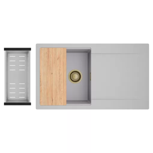 HD Onyx Grey 86 egymedencés gránit mosogatótálca szett, csepegtetőtálcával, vágódeszkával, acél csepegtetőkosárral, alpesi szürke színben, szálcsiszolt arany leeresztő szifonnal