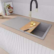 HD Onyx Grey 86 egymedencés gránit mosogatótálca szett, csepegtetőtálcával, vágódeszkával, acél csepegtetőkosárral, alpesi szürke színben, szálcsiszolt arany leeresztő szifonnal