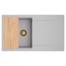 HD Onyx Grey 86 egymedencés gránit mosogatótálca, vágódeszkával, alpesi szürke színben, szálcsiszolt arany leeresztő szifonnal