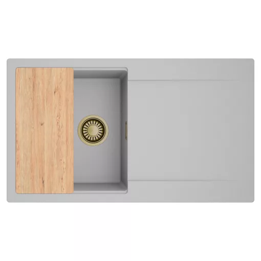HD Onyx Grey 86 egymedencés gránit mosogatótálca, vágódeszkával, alpesi szürke színben, szálcsiszolt arany leeresztő szifonnal